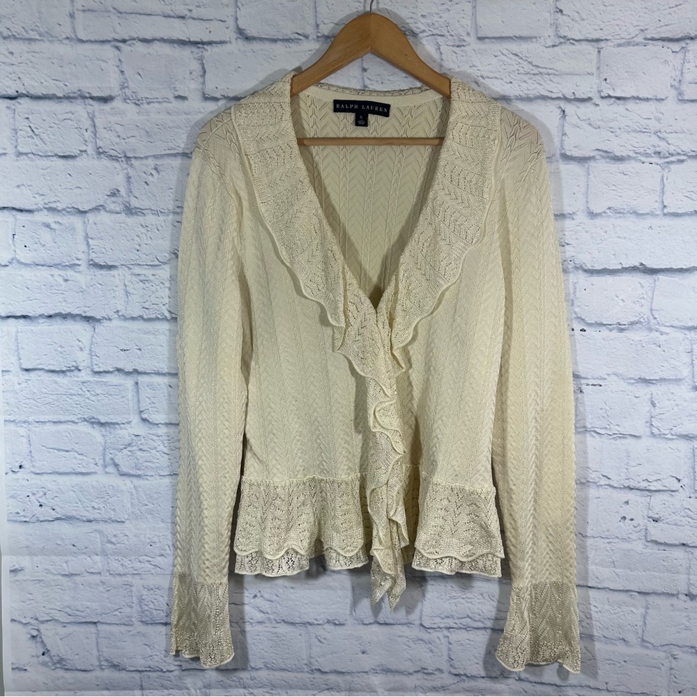 Ralph Lauren Black Label Long Sleeve Closure Front Ruffle Knit Sweater Sz XL
